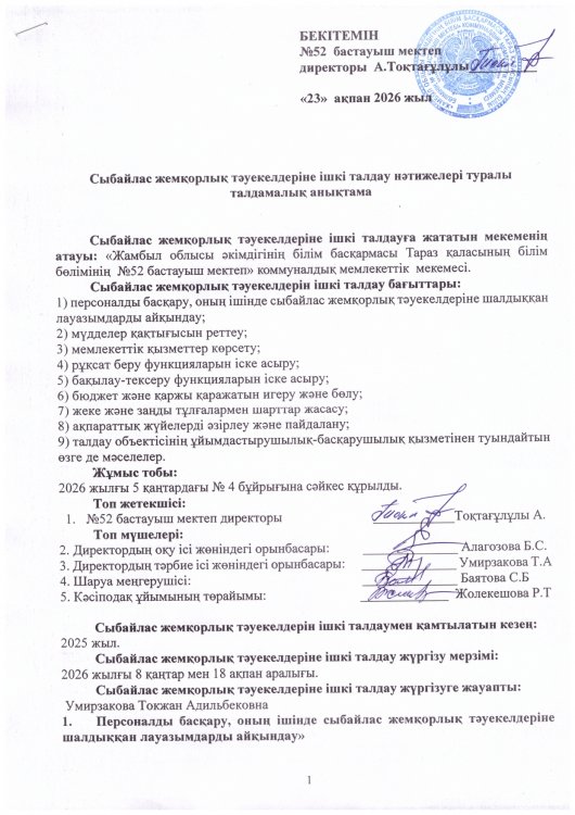 Сыбайлас жемқорлық тәуекелдеріне ішкі талдау нәтижелері туралы талдамалық анықтама