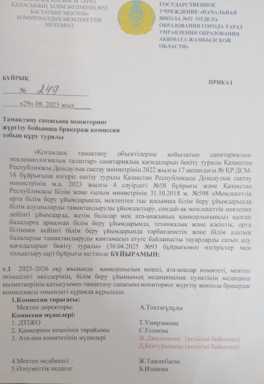 Тамақтану сапасына мониторинг жүргізу бойынша бракераж комиссия тобын құру туралы