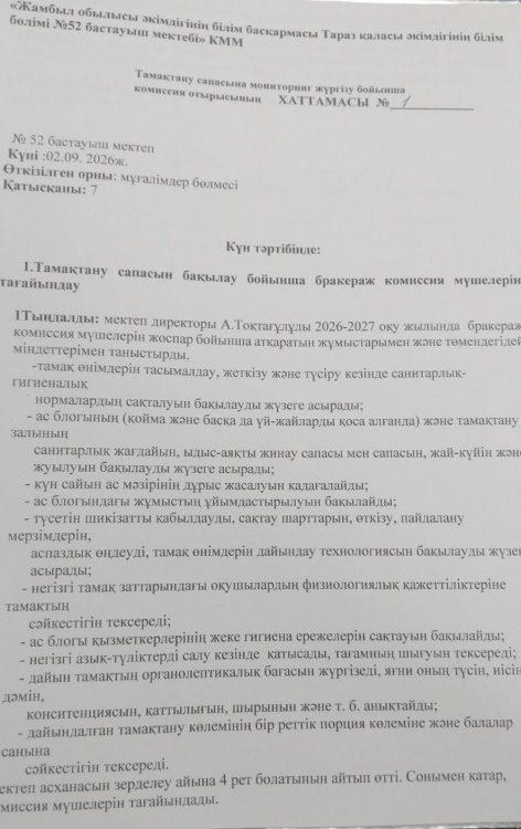 Тамақтану сапасына мониторинг жүргізу бойынша бракераж