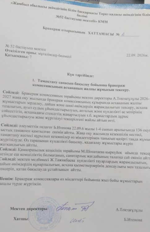 Тамақтану сапасына мониторинг жүргізу бойынша бракераж