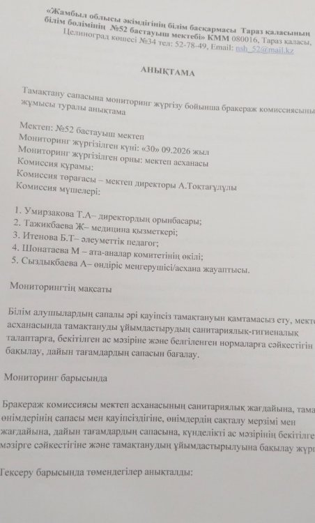 Тамақтану сапасына мониторинг жүргізу бойынша бракераж